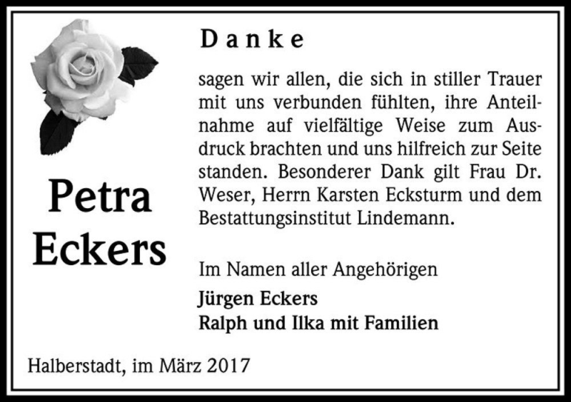  Traueranzeige für Petra Eckers  vom 25.03.2017 aus Magdeburger Volksstimme