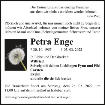 Traueranzeige von Petra Enge  von Magdeburger Volksstimme