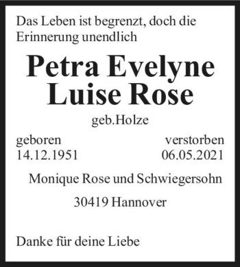 Traueranzeige von Petra Evelyne Luise Rose (geb. Holze)  von Magdeburger Volksstimme