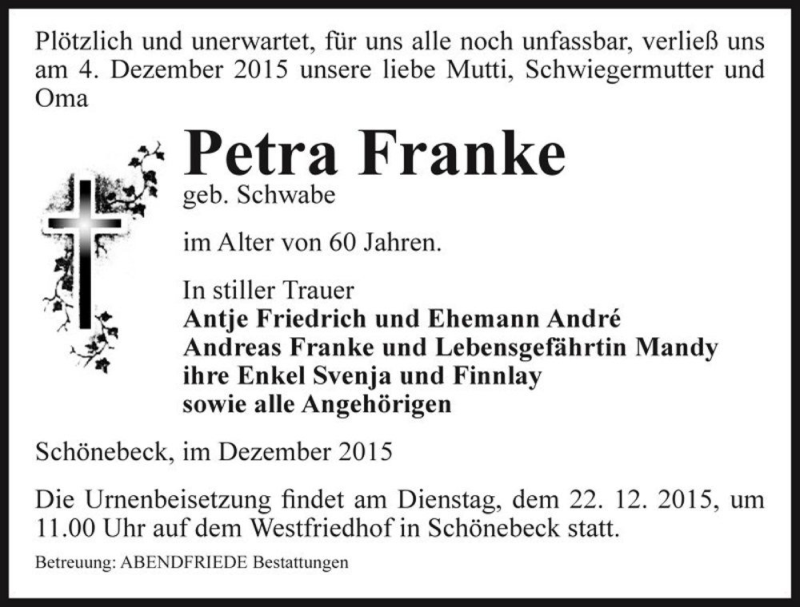  Traueranzeige für Petra Franke (geb. Schwabe)  vom 12.12.2015 aus Magdeburger Volksstimme
