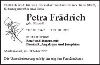 Traueranzeige von Petra Frädrich (geb. Schmidt)  von Magdeburger Volksstimme