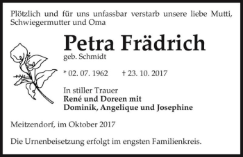 Traueranzeige von Petra Frädrich (geb. Schmidt)  von Magdeburger Volksstimme
