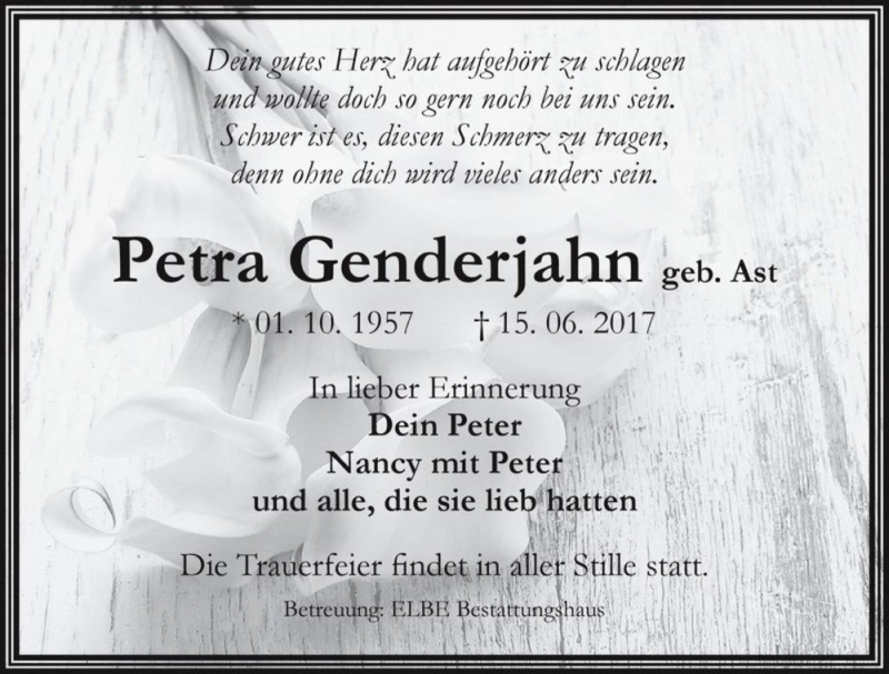  Traueranzeige für Petra Genderjahn (geb. Ast)  vom 24.06.2017 aus Magdeburger Volksstimme
