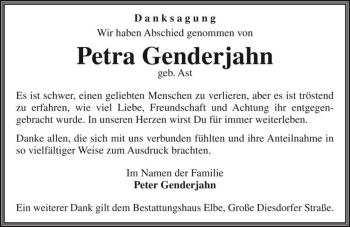 Traueranzeige von Petra Genderjahn (geb. Ast)  von Magdeburger Volksstimme