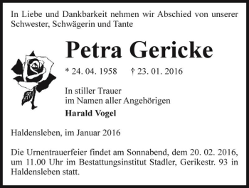 Traueranzeige von Petra Gericke  von Magdeburger Volksstimme