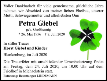 Traueranzeige von Petra Giebel (geb. Großhennig)  von Magdeburger Volksstimme