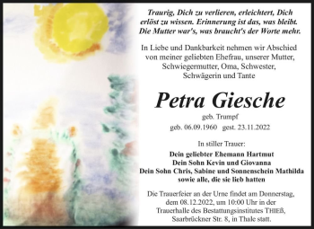 Traueranzeige von Petra Giesche (geb. Trumpf)  von Magdeburger Volksstimme