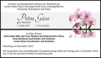 Traueranzeige von Petra Giese (geb. Fleischer)  von Magdeburger Volksstimme