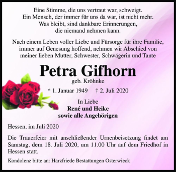 Traueranzeige von Petra Gifhorn (geb. Kröhnke)  von Magdeburger Volksstimme