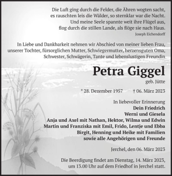 Traueranzeige von Petra Giggel (geb. Jütte)  von Magdeburger Volksstimme