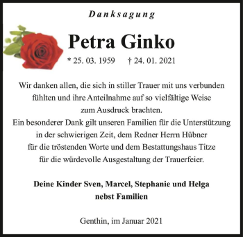 Traueranzeige von Petra Ginko  von Magdeburger Volksstimme