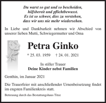 Traueranzeige von Petra Ginko  von Magdeburger Volksstimme