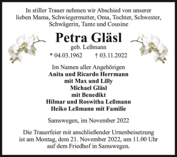 Traueranzeige von Petra Gläsl (geb. Leßmann)  von Magdeburger Volksstimme
