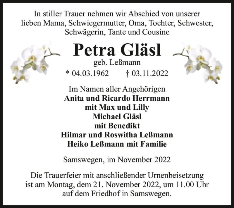  Traueranzeige für Petra Gläsl (geb. Leßmann)  vom 12.11.2022 aus Magdeburger Volksstimme