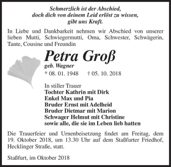 Traueranzeige von Petra Groß (geb. Wagner)  von Magdeburger Volksstimme
