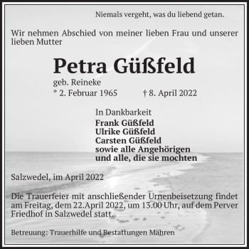 Traueranzeige von Petra Güßfeld (geb. Reineke)  von Magdeburger Volksstimme