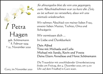 Traueranzeige von Petra Hagen (geb. Schönemann)  von Magdeburger Volksstimme