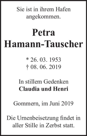 Traueranzeige von Petra Hamann-Tauscher  von Magdeburger Volksstimme