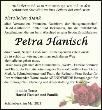 Traueranzeige von Petra Hanisch  von Magdeburger Volksstimme