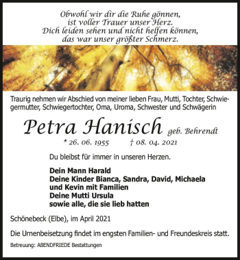 Traueranzeige von Petra Hanisch (geb. Behrendt)  von Magdeburger Volksstimme