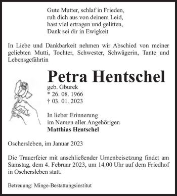 Traueranzeige von Petra Hentschel (geb. Gburek)  von Magdeburger Volksstimme