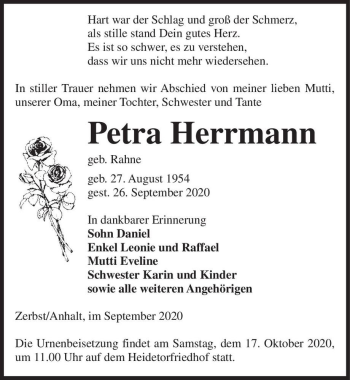 Traueranzeige von Petra Herrmann (geb. Rahne)  von Magdeburger Volksstimme