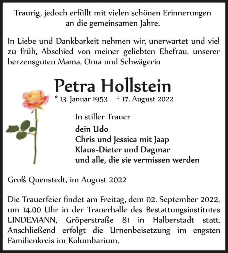  Traueranzeige für Petra Hollstein  vom 27.08.2022 aus Magdeburger Volksstimme