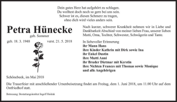 Traueranzeige von Petra Hünecke (geb. Sommer)  von Magdeburger Volksstimme
