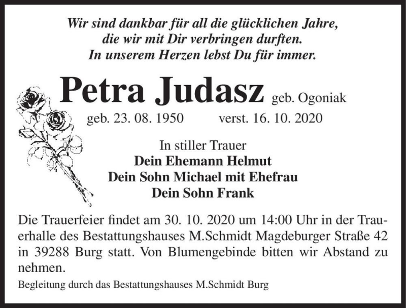  Traueranzeige für Petra Judasz (geb. Ogoniak)  vom 24.10.2020 aus Magdeburger Volksstimme