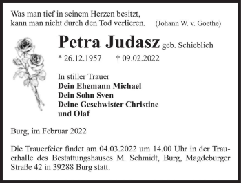 Traueranzeige von Petra Judasz (geb. Schieblich)  von Magdeburger Volksstimme
