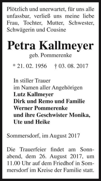 Traueranzeige von Petra Kallmeyer (geb. Pommerenke)  von Magdeburger Volksstimme