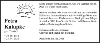 Traueranzeige von Petra Kalupke (geb. Thurisch)  von Magdeburger Volksstimme