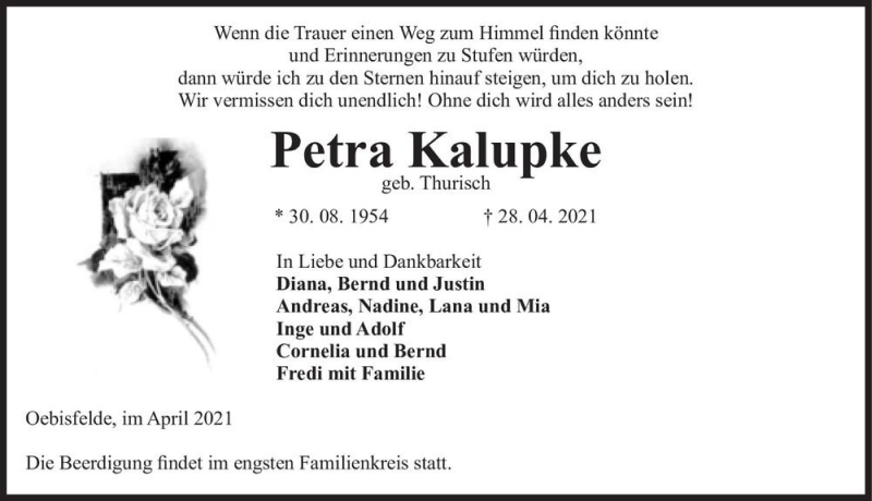  Traueranzeige für Petra Kalupke (geb. Thurisch)  vom 30.04.2021 aus Magdeburger Volksstimme