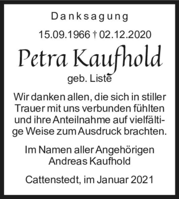 Traueranzeige von Petra Kaufhold (geb. Liste)  von Magdeburger Volksstimme