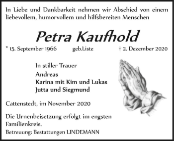Traueranzeige von Petra Kaufhold (geb. Liste)  von Magdeburger Volksstimme