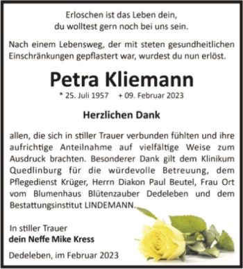 Traueranzeige von Petra Kliemann  von Magdeburger Volksstimme