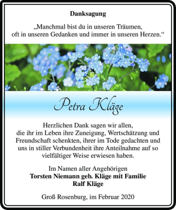 Traueranzeige von Petra Kläge  von Magdeburger Volksstimme