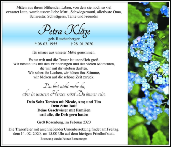 Traueranzeige von Petra Kläge (geb. Rauchenberger)  von Magdeburger Volksstimme