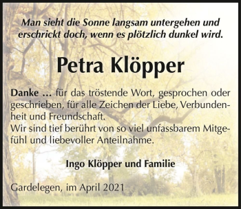 Traueranzeige von Petra Klöpper  von Magdeburger Volksstimme