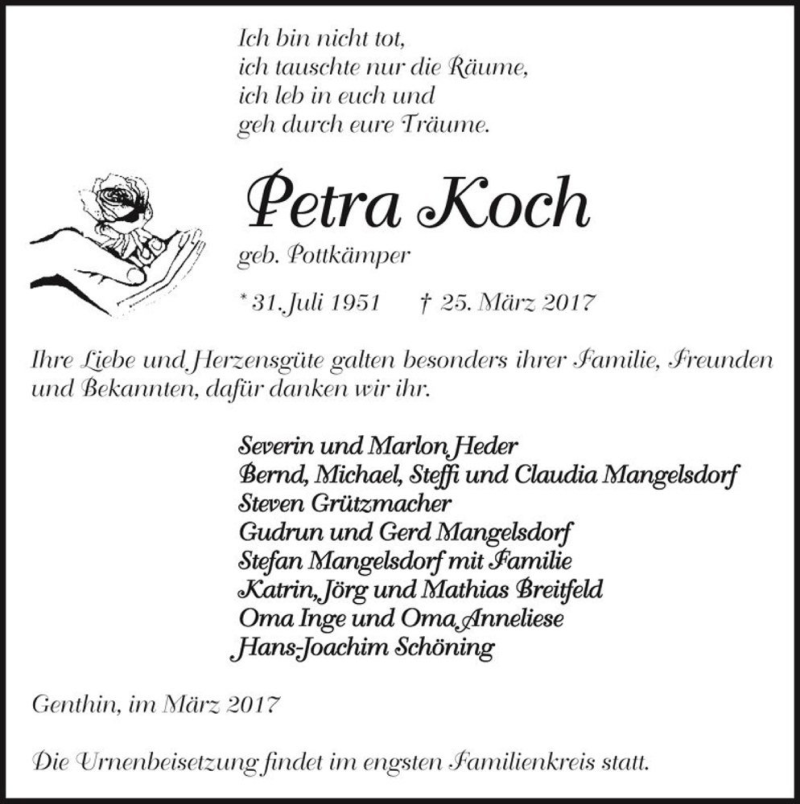  Traueranzeige für Petra Koch (geb. Pottkämper)  vom 01.04.2017 aus Magdeburger Volksstimme