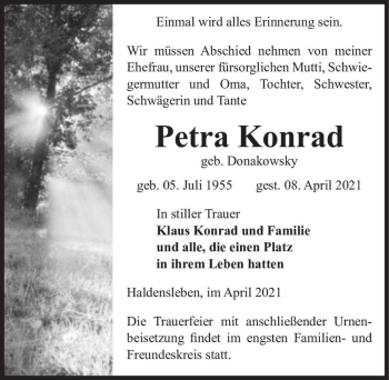 Traueranzeige von Petra Konrad (geb. Donakowsky)  von Magdeburger Volksstimme