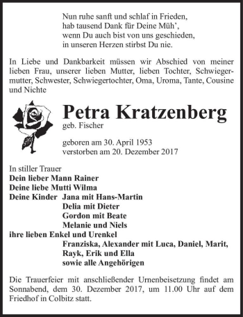 Traueranzeige von Petra Kratzenberg (geb. Fischer)  von Magdeburger Volksstimme