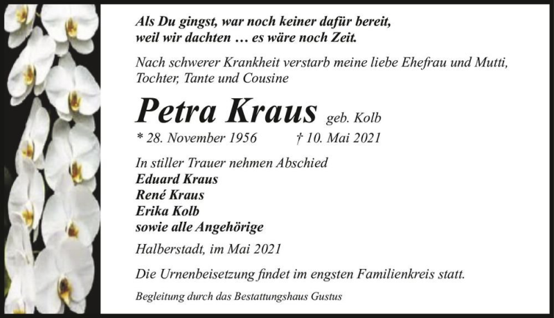  Traueranzeige für Petra Kraus (geb. Kolb)  vom 15.05.2021 aus Magdeburger Volksstimme