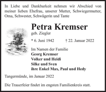 Traueranzeige von Petra Kremser (geb. Ziegler)  von Magdeburger Volksstimme