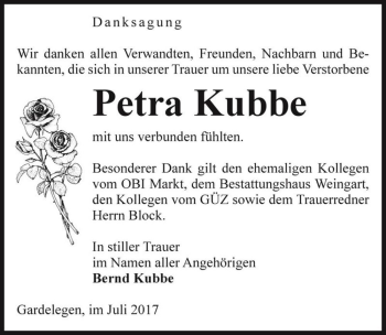 Traueranzeige von Petra Kubbe  von Magdeburger Volksstimme