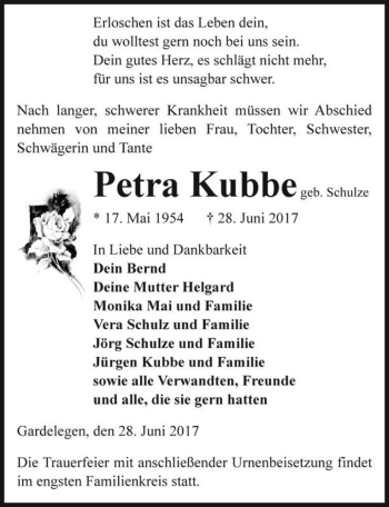Traueranzeige von Petra Kubbe (geb. Schulze)  von Magdeburger Volksstimme