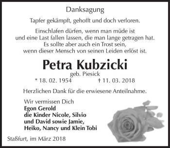 Traueranzeige von Petra Kubzicki (geb. Piesick)  von Magdeburger Volksstimme