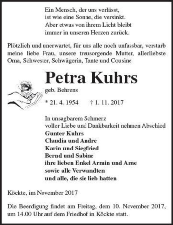 Traueranzeige von Petra Kuhrs (geb. Behrens)  von Magdeburger Volksstimme