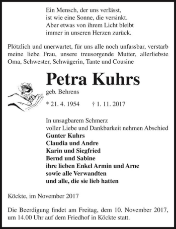 Traueranzeige von Petra Kuhrs (geb. Behrens)  von Magdeburger Volksstimme