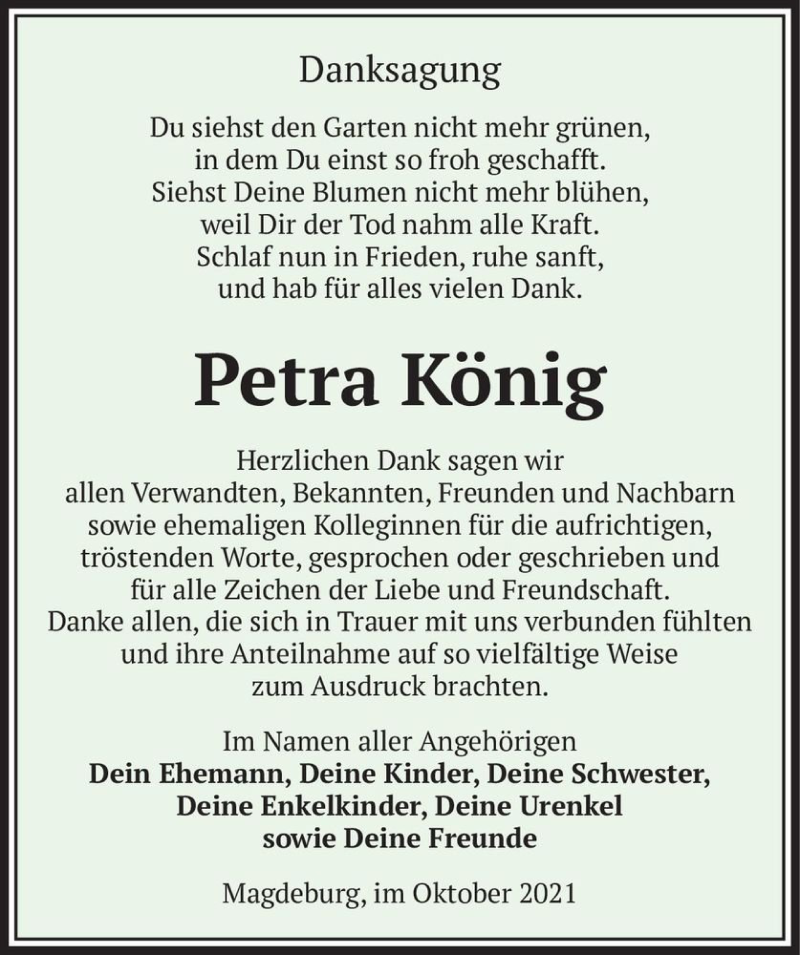  Traueranzeige für Petra König  vom 23.10.2021 aus Magdeburger Volksstimme